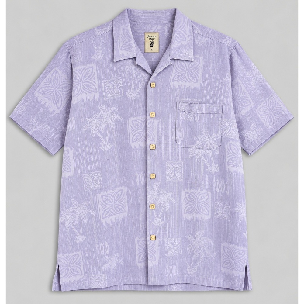 Jamaica Jaxx Mens Large Purple 100% Silk Jacquard Palm Tree Hawaiian Shirt